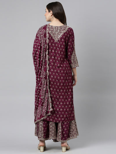 Neerus Purple Regular Straight Printed Kurta And Sharara With Dupatta