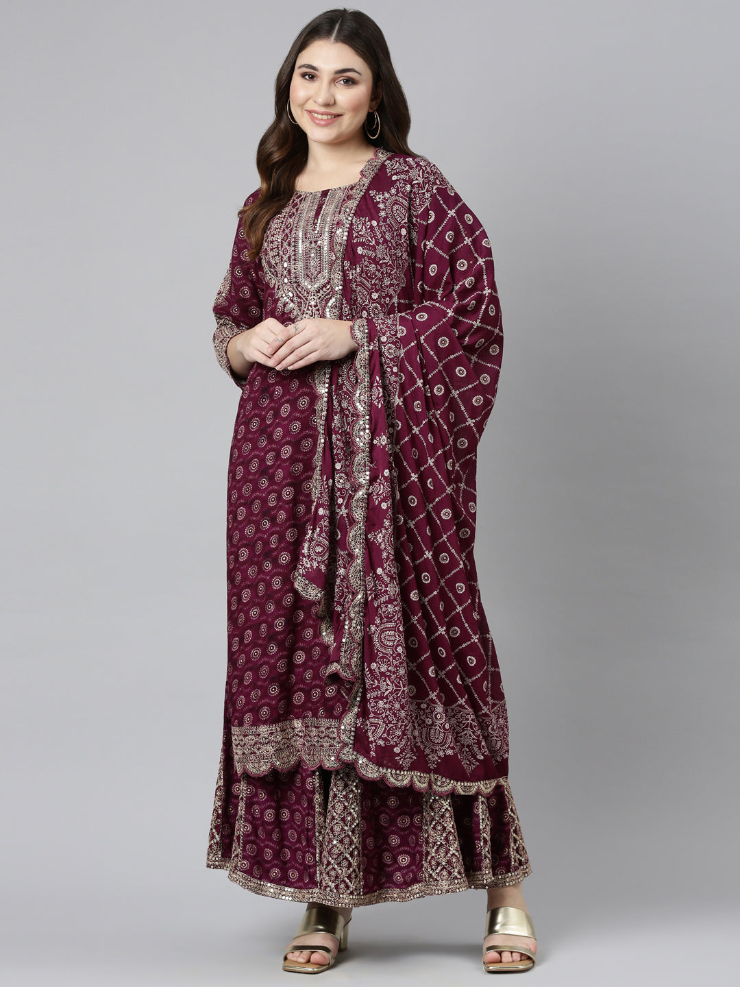 Neerus Purple printed straight kurta sharara set - detail view 2
