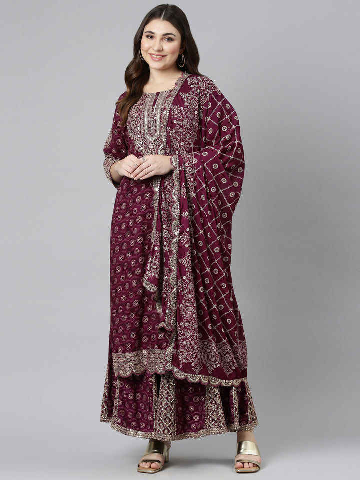 Neerus Purple printed straight kurta sharara set - detail view 2