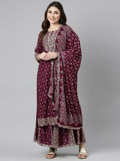 Neerus Purple Regular Straight Printed Kurta And Sharara With Dupatta
