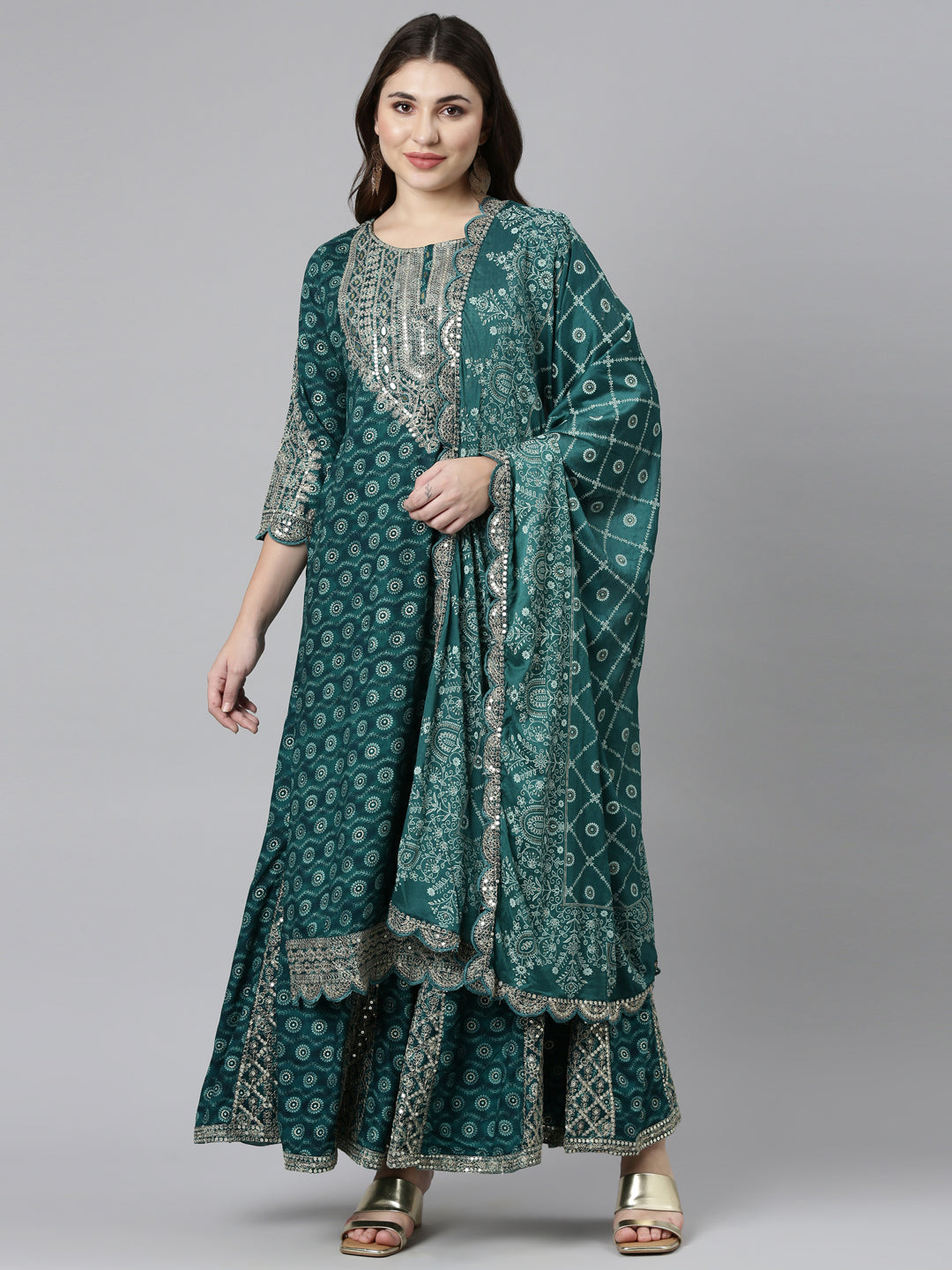 Neerus Green printed straight kurta set with sharara and dupatta - front view