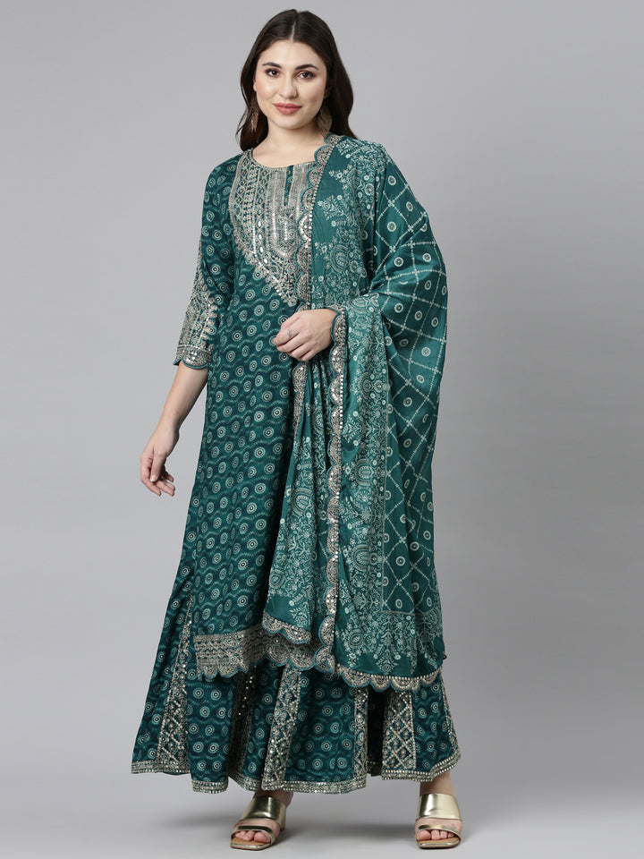 Neerus Green printed straight kurta set with sharara and dupatta - front view