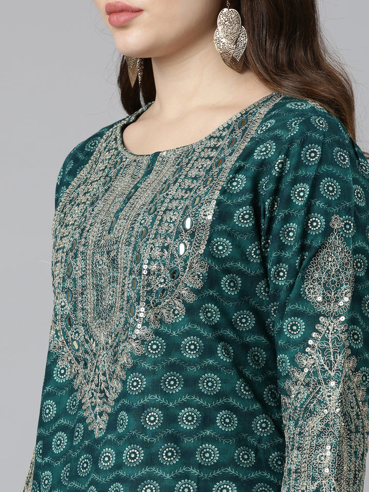 Neerus Green printed straight kurta set with sharara and dupatta - detail view 1