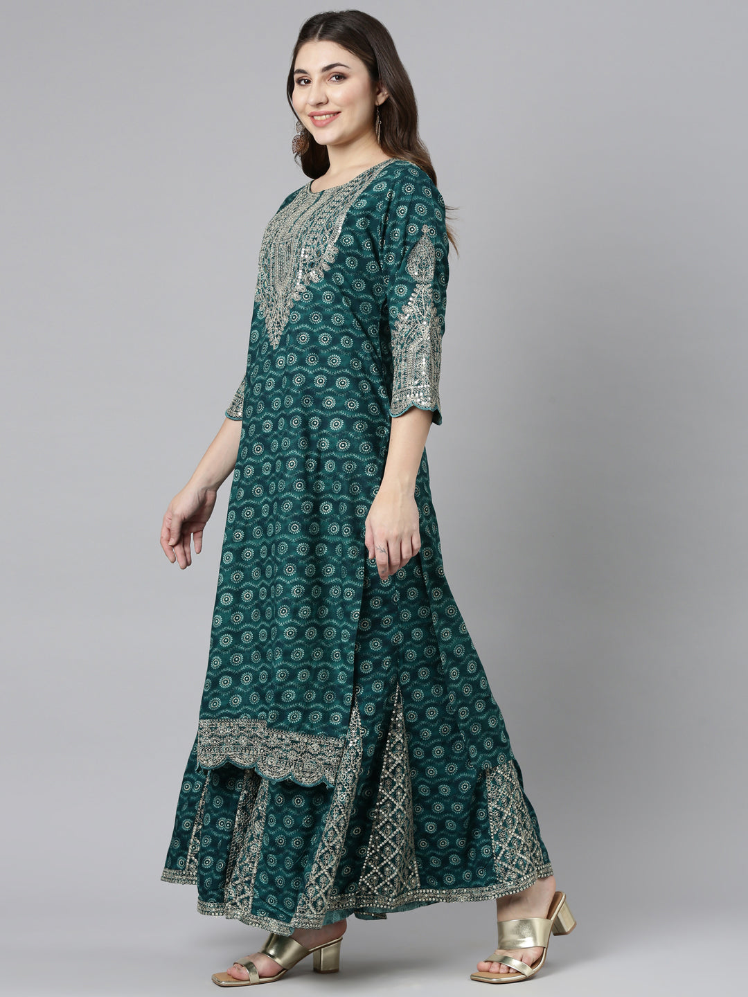 Neerus Green printed straight kurta set with sharara and dupatta - back view
