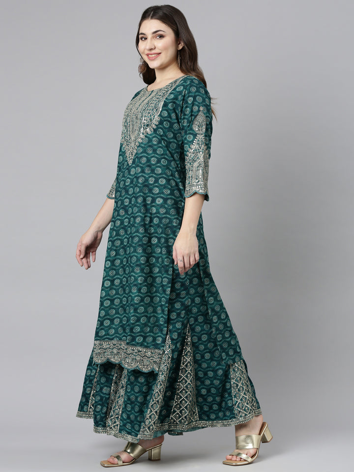 Neerus Green printed straight kurta set with sharara and dupatta - back view