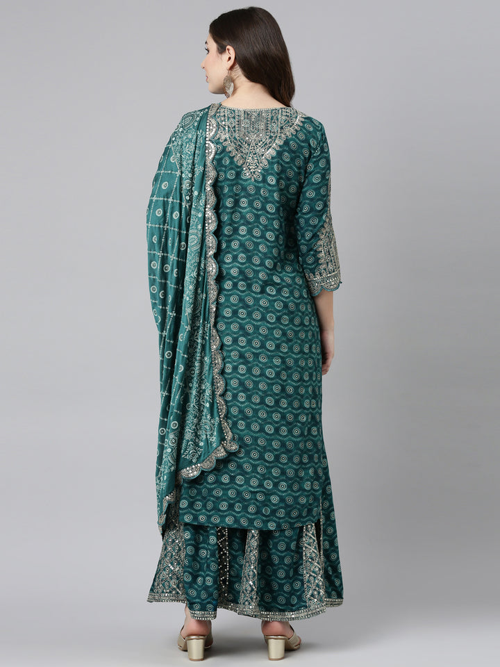 Neerus Green printed straight kurta set with sharara and dupatta - side view