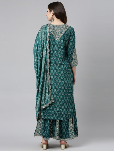 Neerus Green Regular Straight Printed Kurta And Sharara With Dupatta