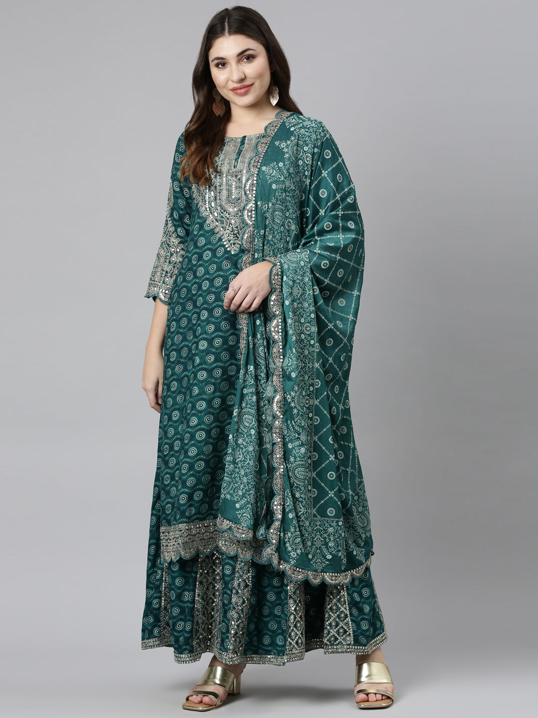 Neerus Green printed straight kurta set with sharara and dupatta - detail view 2