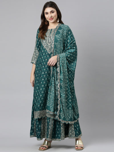 Neerus Green Regular Straight Printed Kurta And Sharara With Dupatta