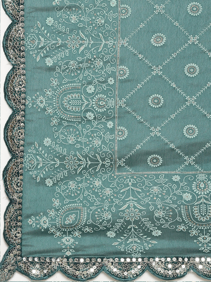 Neerus Green printed straight kurta set with sharara and dupatta - detail view 4