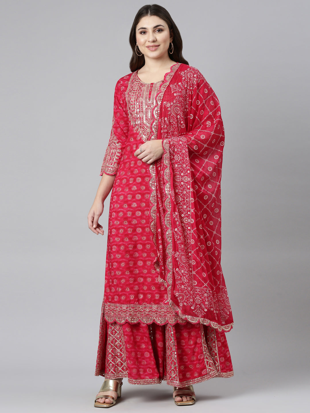 Neerus Pink printed straight sharara set kurta dupatta - front view
