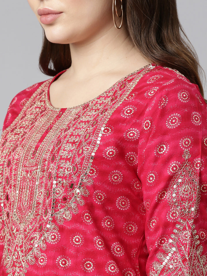 Neerus Pink printed straight sharara set kurta dupatta - detail view 1