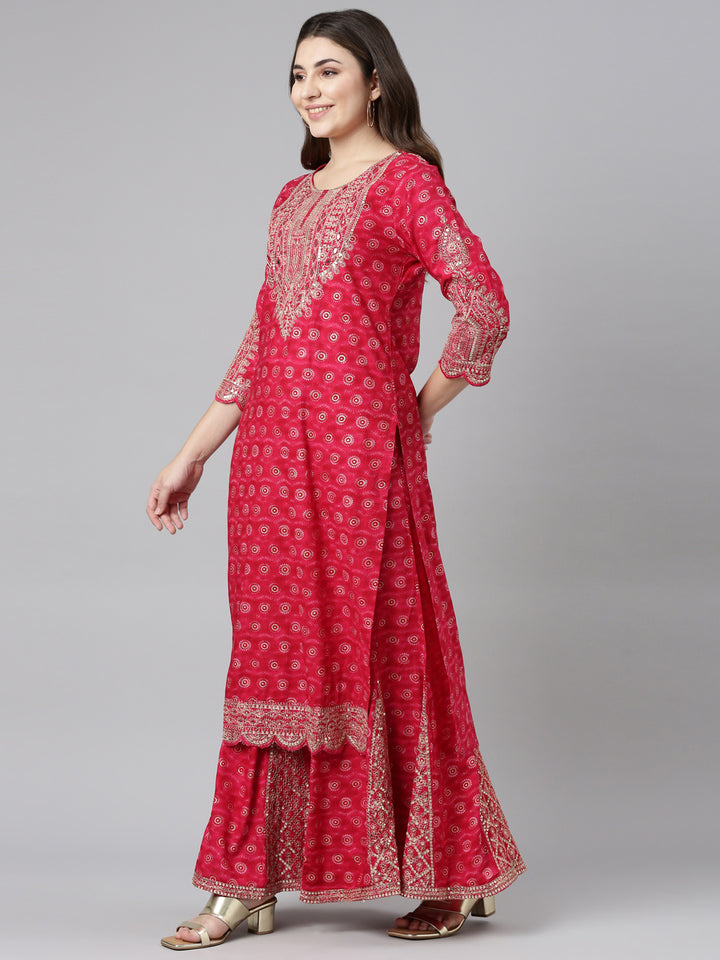 Neerus Pink printed straight sharara set kurta dupatta - back view