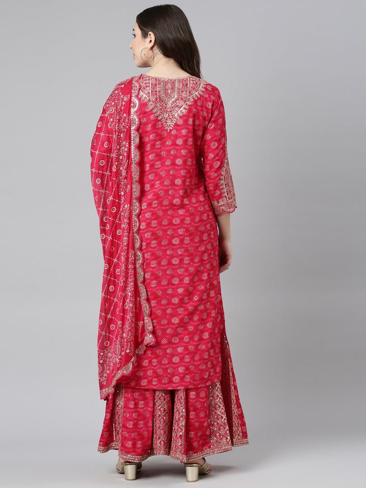 Neerus Pink printed straight sharara set kurta dupatta - side view
