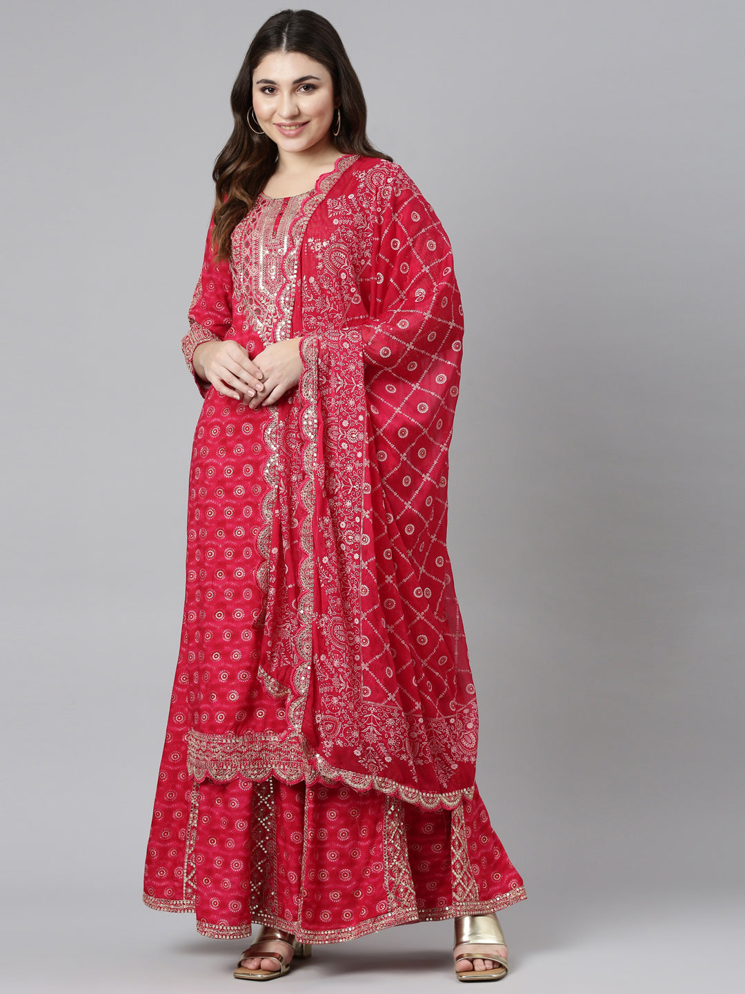 Neerus Pink printed straight sharara set kurta dupatta - detail view 2