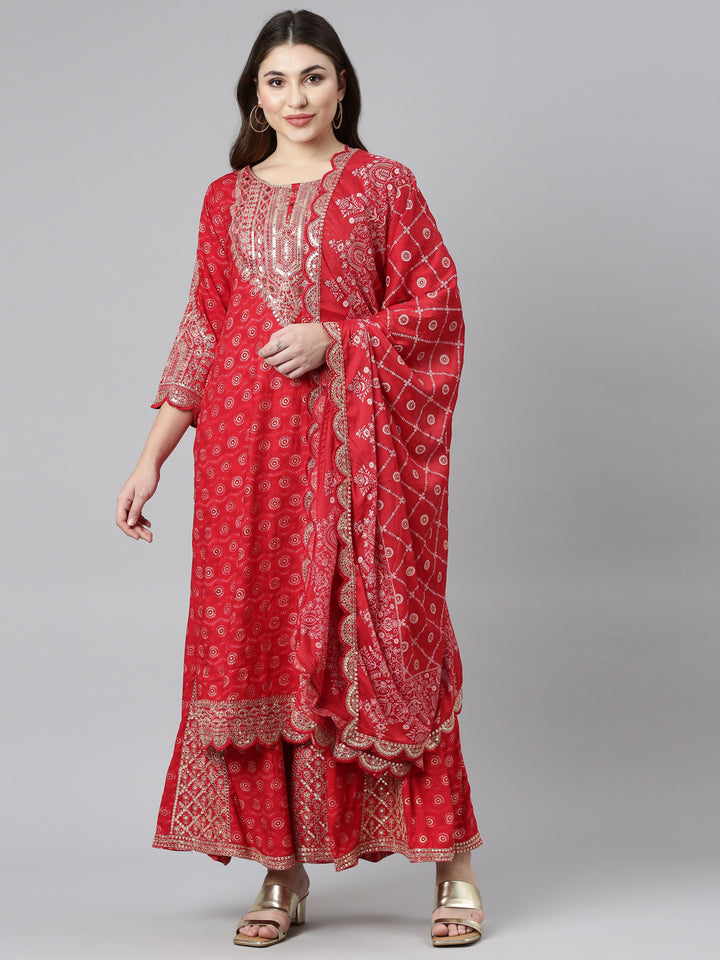 Neerus Red printed straight sharara set with dupatta - front view