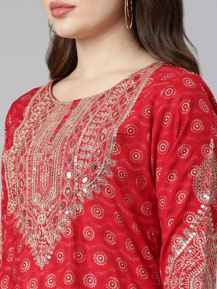 Neerus Red printed straight sharara set with dupatta - detail view 1