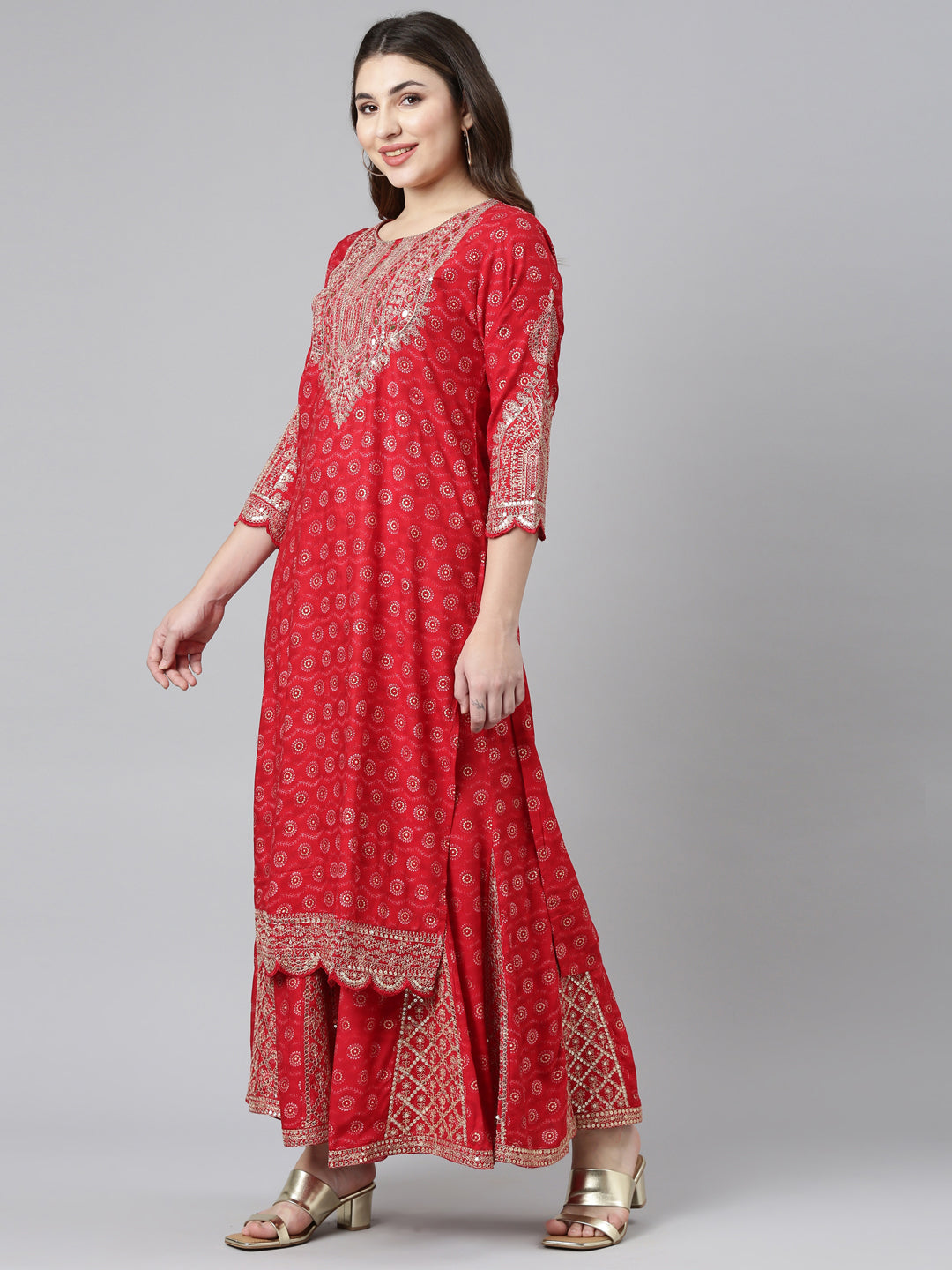 Neerus Red Regular Straight Printed Kurta And Sharara With Dupatta