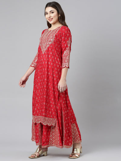Neerus Red Regular Straight Printed Kurta And Sharara With Dupatta