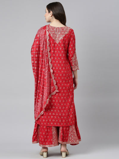Neerus Red Regular Straight Printed Kurta And Sharara With Dupatta