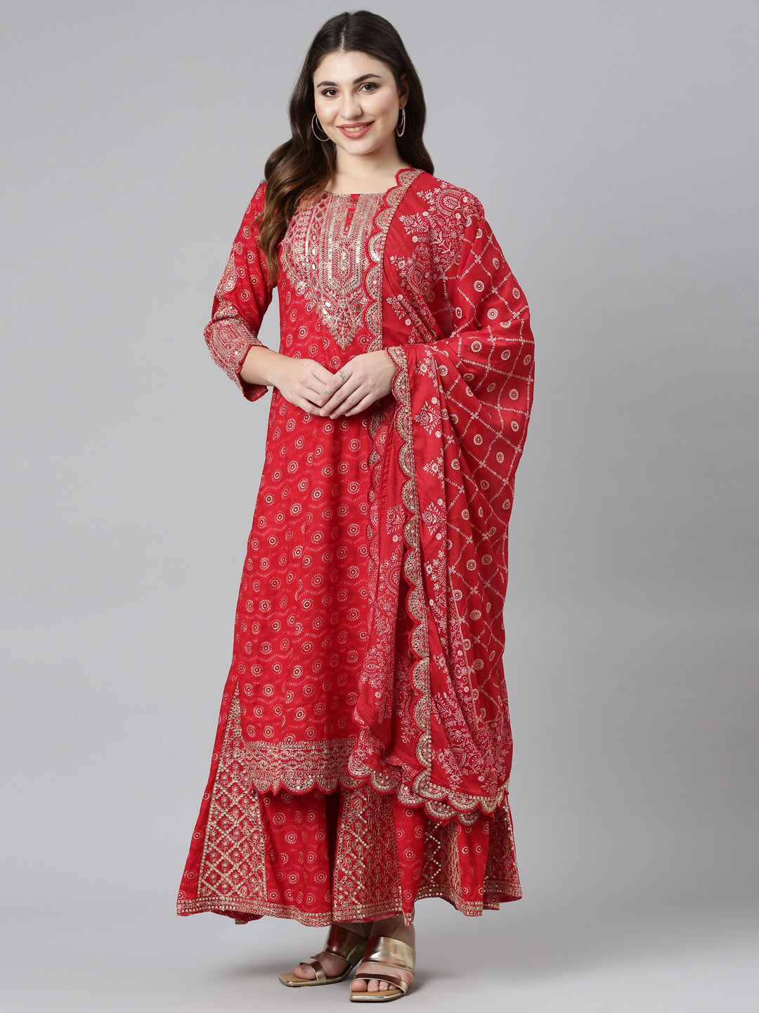Neerus Red printed straight sharara set with dupatta - detail view 2