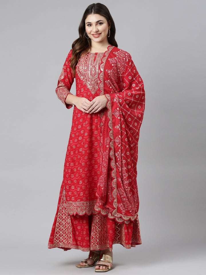 Neerus Red printed straight sharara set with dupatta - detail view 2