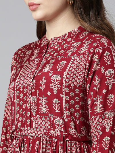 Neerus Maroon Flared Casual Printed Gown