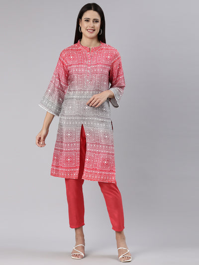 Neeru's Red Regular Straight Printed Kurta And Trousers