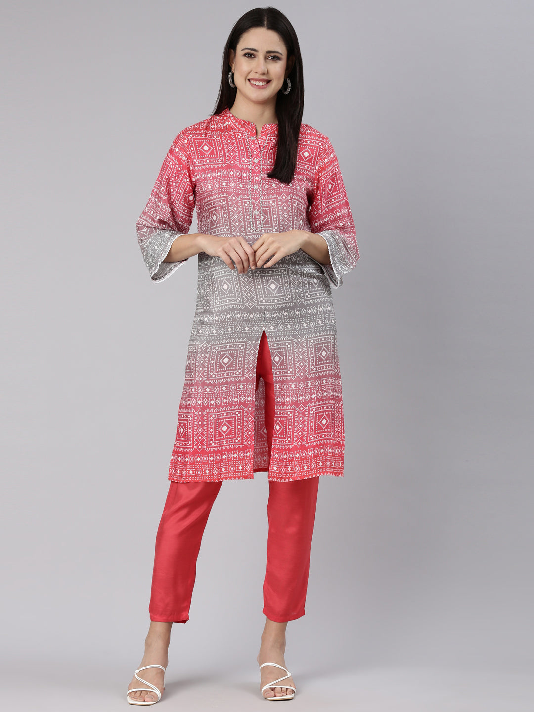 Neerus Red shantoon printed kurta set - detail view 2