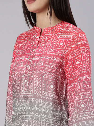 Neeru's Red Regular Straight Printed Kurta And Trousers
