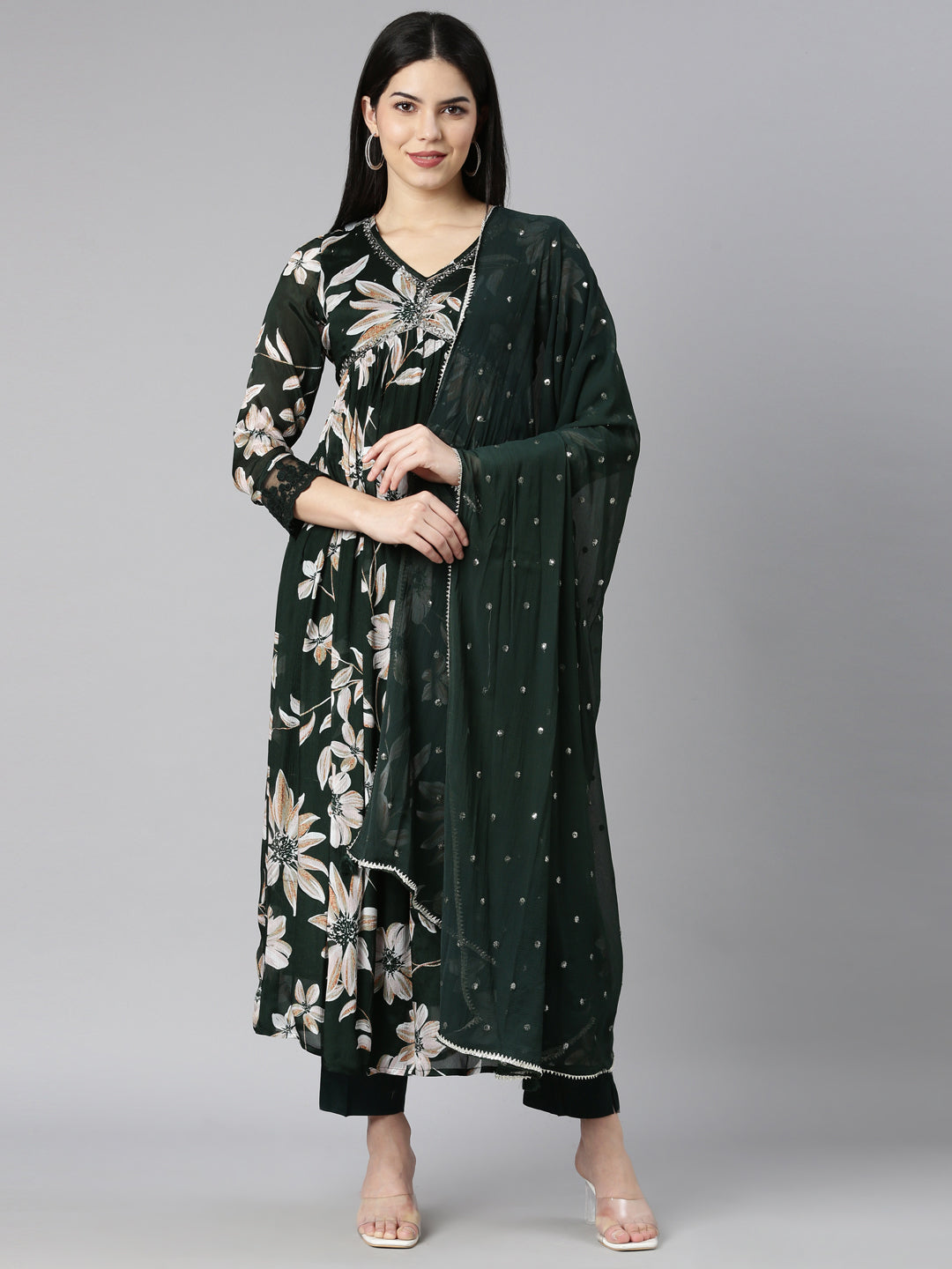 Neerus Green printed floral kurta set with trouser and dupatta - front view