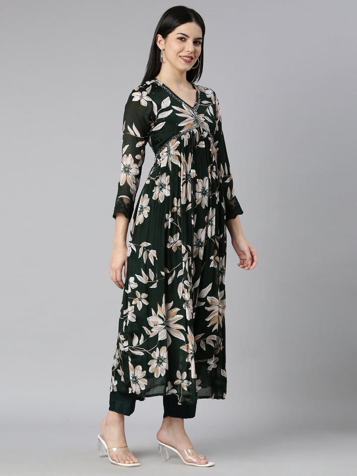 Neerus Green printed floral kurta set with trouser and dupatta - back view
