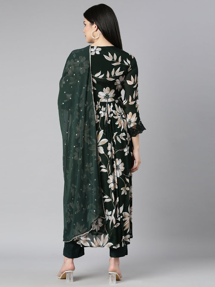 Neerus Green printed floral kurta set with trouser and dupatta - side view