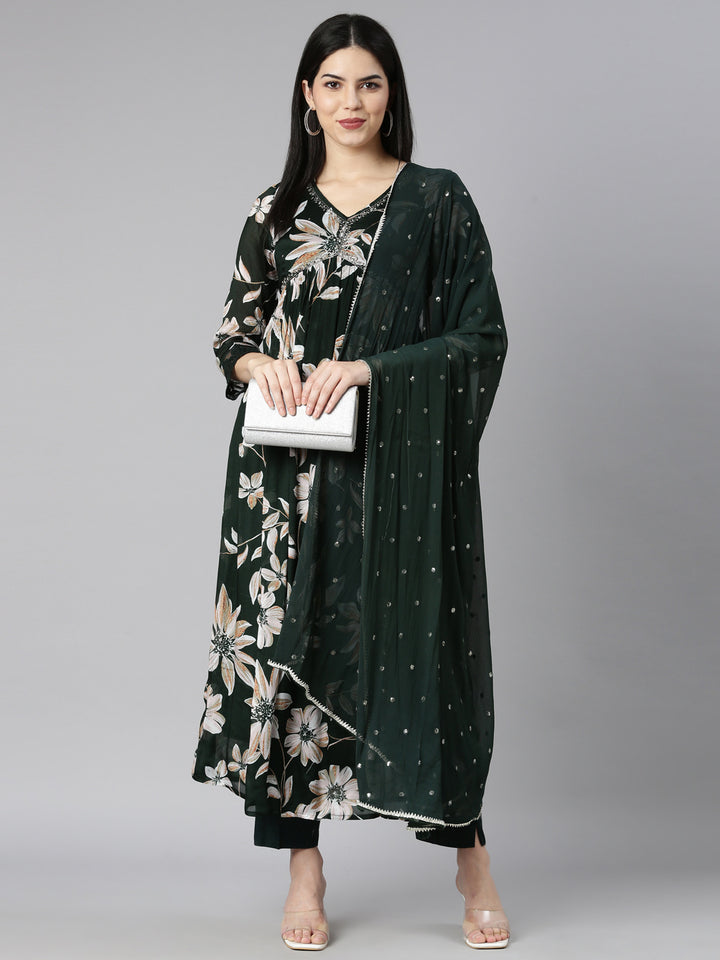 Neerus Green printed floral kurta set with trouser and dupatta - detail view 1