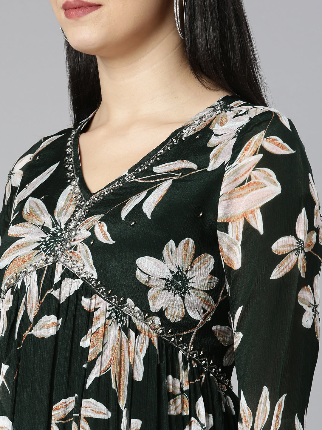 Neerus Green printed floral kurta set with trouser and dupatta - detail view 2