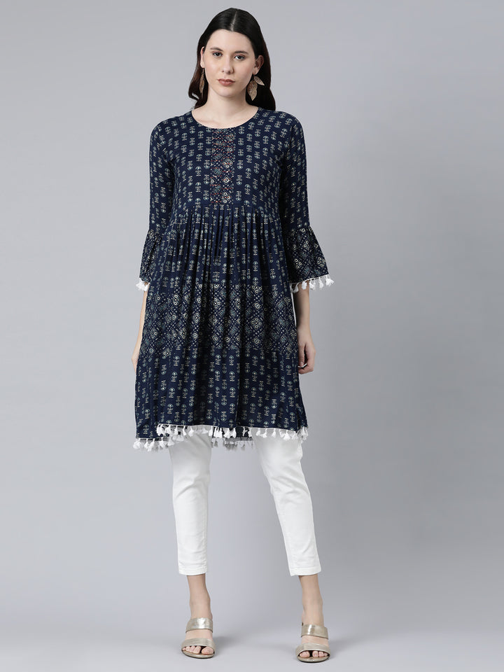 Neerus Blue printed geometric kurti - front view