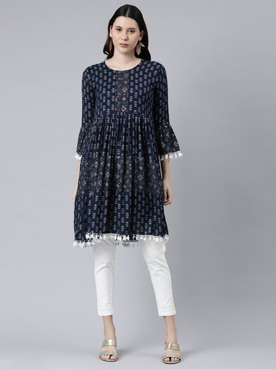 Neeru's Women Navy Blue Geometric Printed Kurta