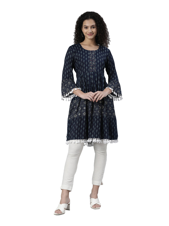 Neerus Blue geometric printed kurta - front view