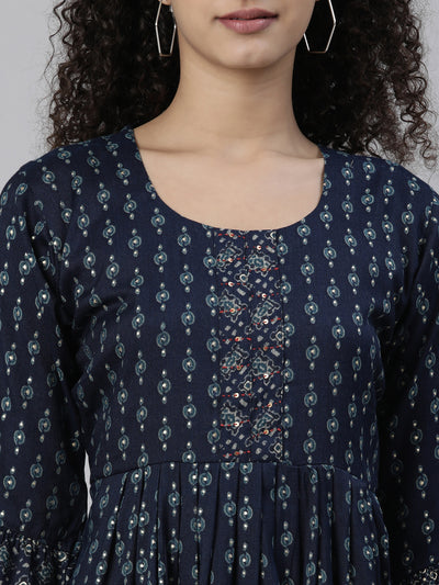 Neerus Women Navy Blue Geometric Printed Kurta