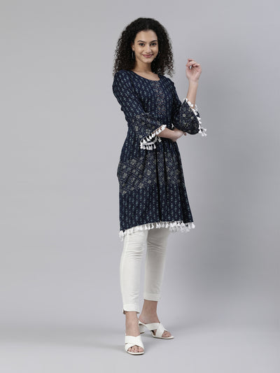 Neerus Women Navy Blue Geometric Printed Kurta