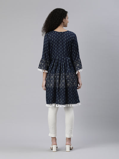 Neerus Women Navy Blue Geometric Printed Kurta