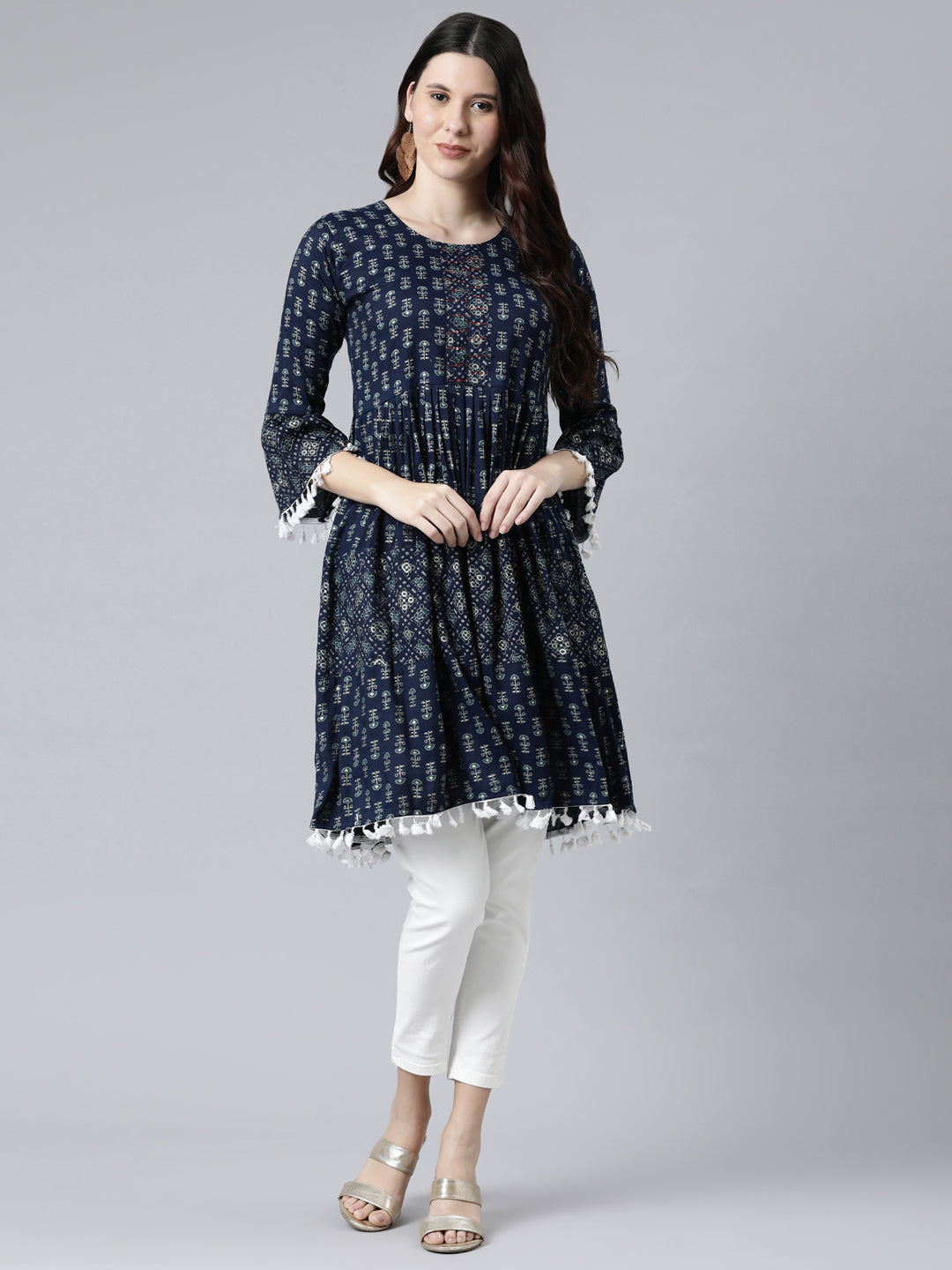 Neerus Blue printed geometric kurti - detail view 1