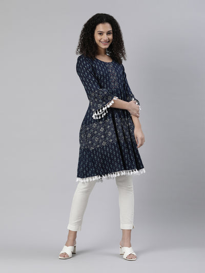 Neerus Women Navy Blue Geometric Printed Kurta