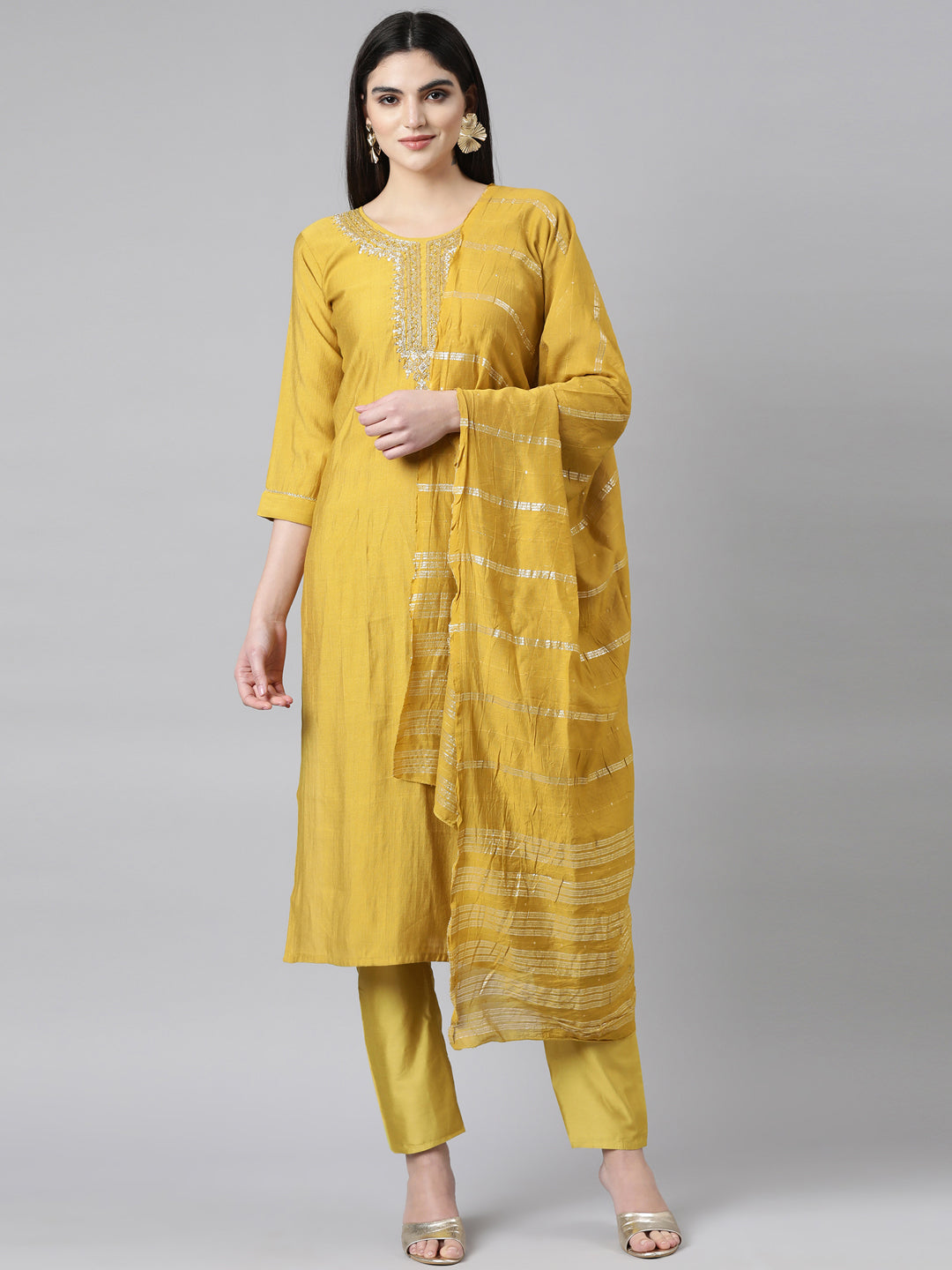 Neerus Yellow solid straight suit set with dupatta - front view