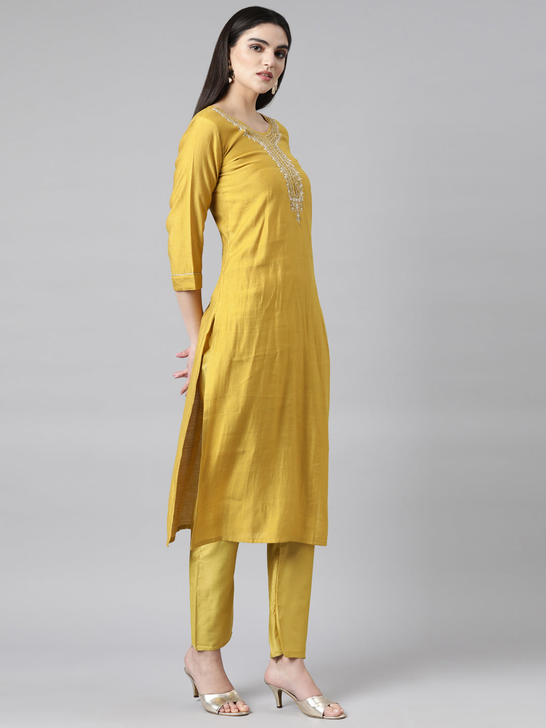Neerus Yellow solid straight suit set with dupatta - back view