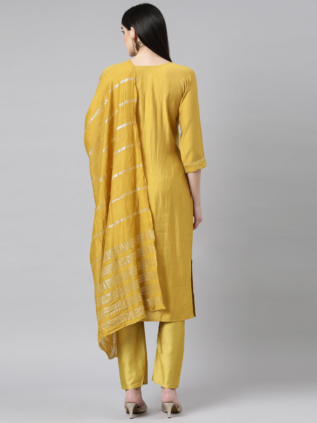 Neerus Yellow solid straight suit set with dupatta - side view