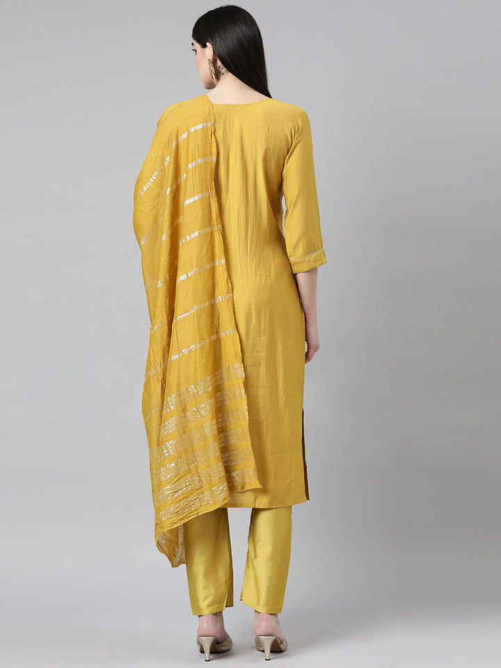 Neerus Yellow solid straight suit set with dupatta - side view