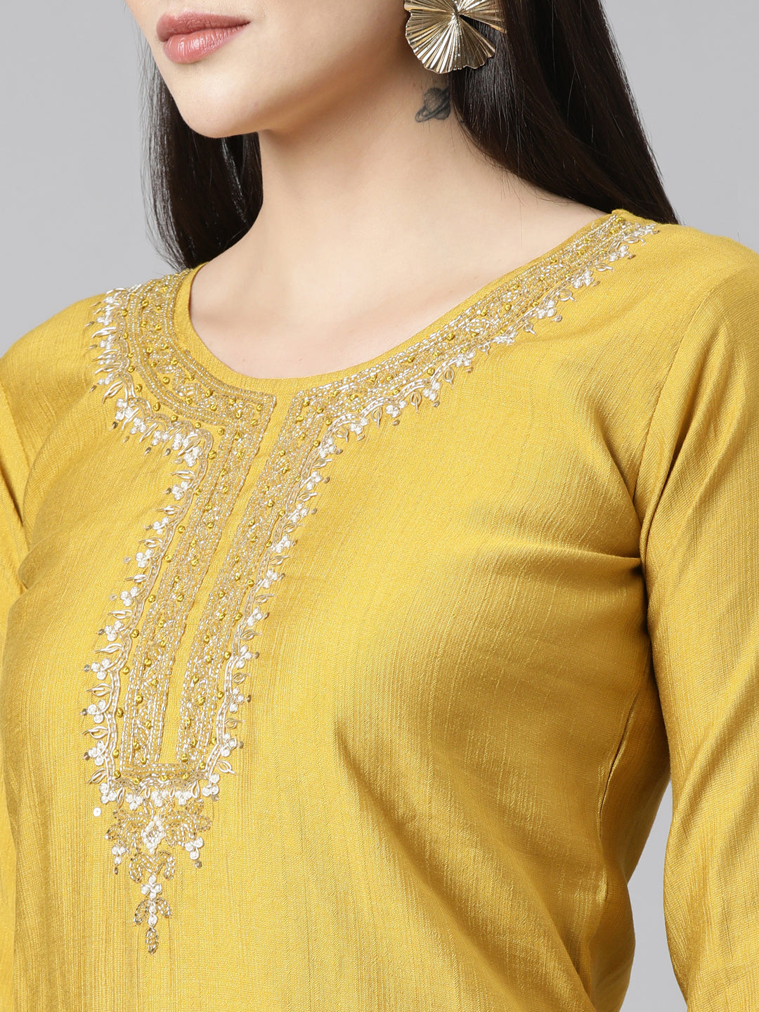 Neerus Yellow solid straight suit set with dupatta - detail view 1