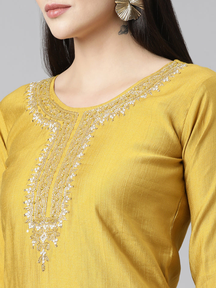 Neerus Yellow solid straight suit set with dupatta - detail view 1