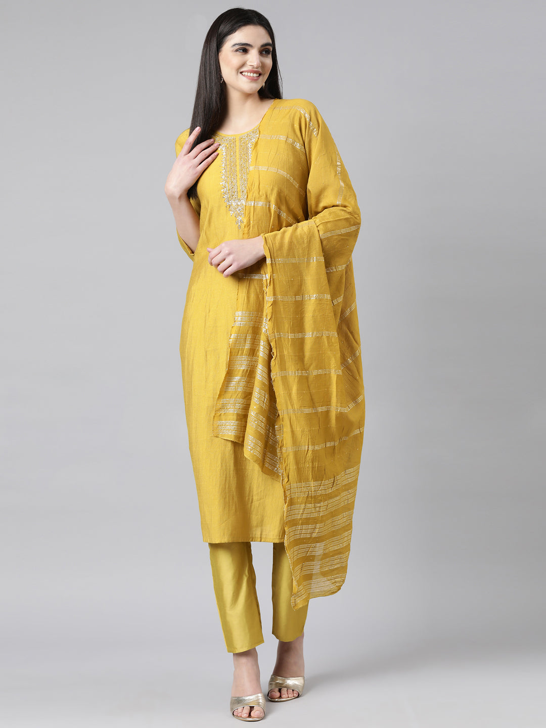 Neerus Yellow solid straight suit set with dupatta - detail view 2